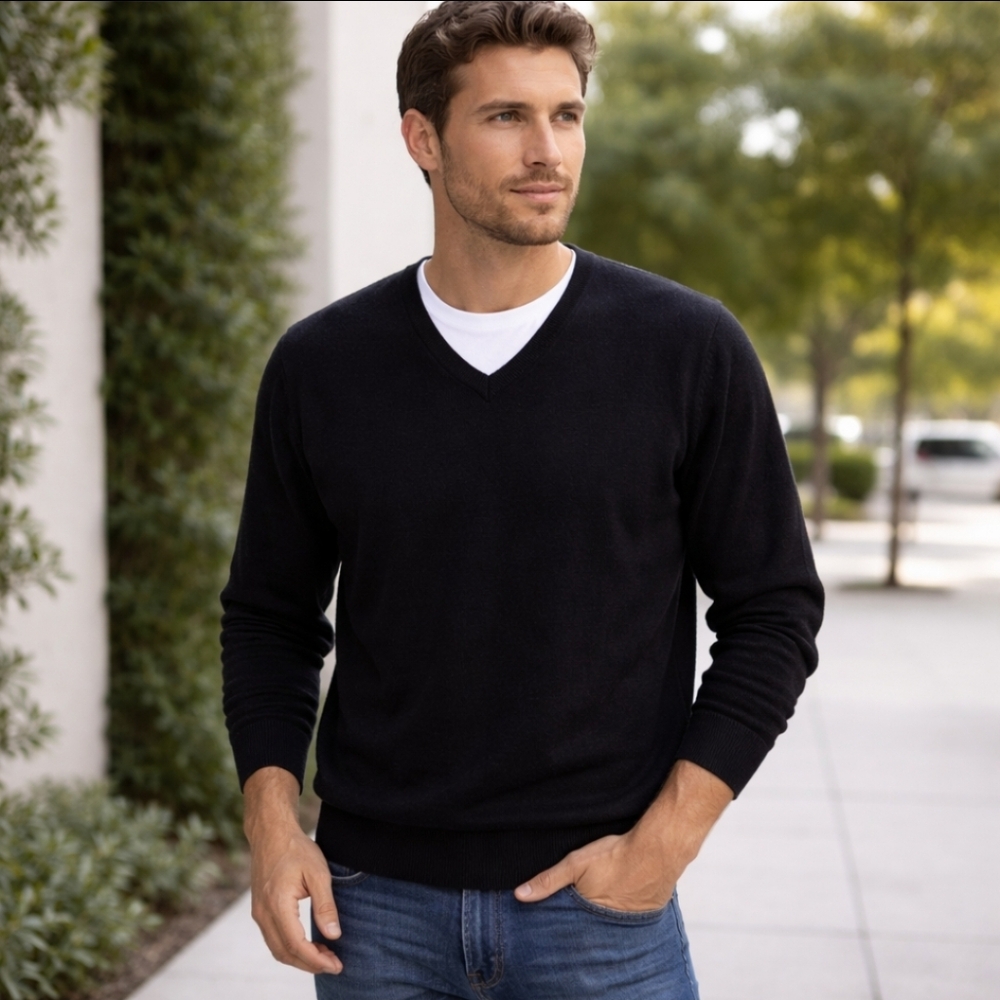 Glendshiel 100% Cashmere Black  V Neck Unisex Sweater Size Large
